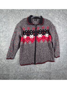 Erika Womens  Knit Gray Red Black Zipper Front Knit Cardigan Sweater Snowflake S